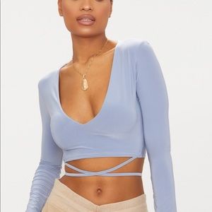Powder Blue Long Sleeved Crop Top tie waist